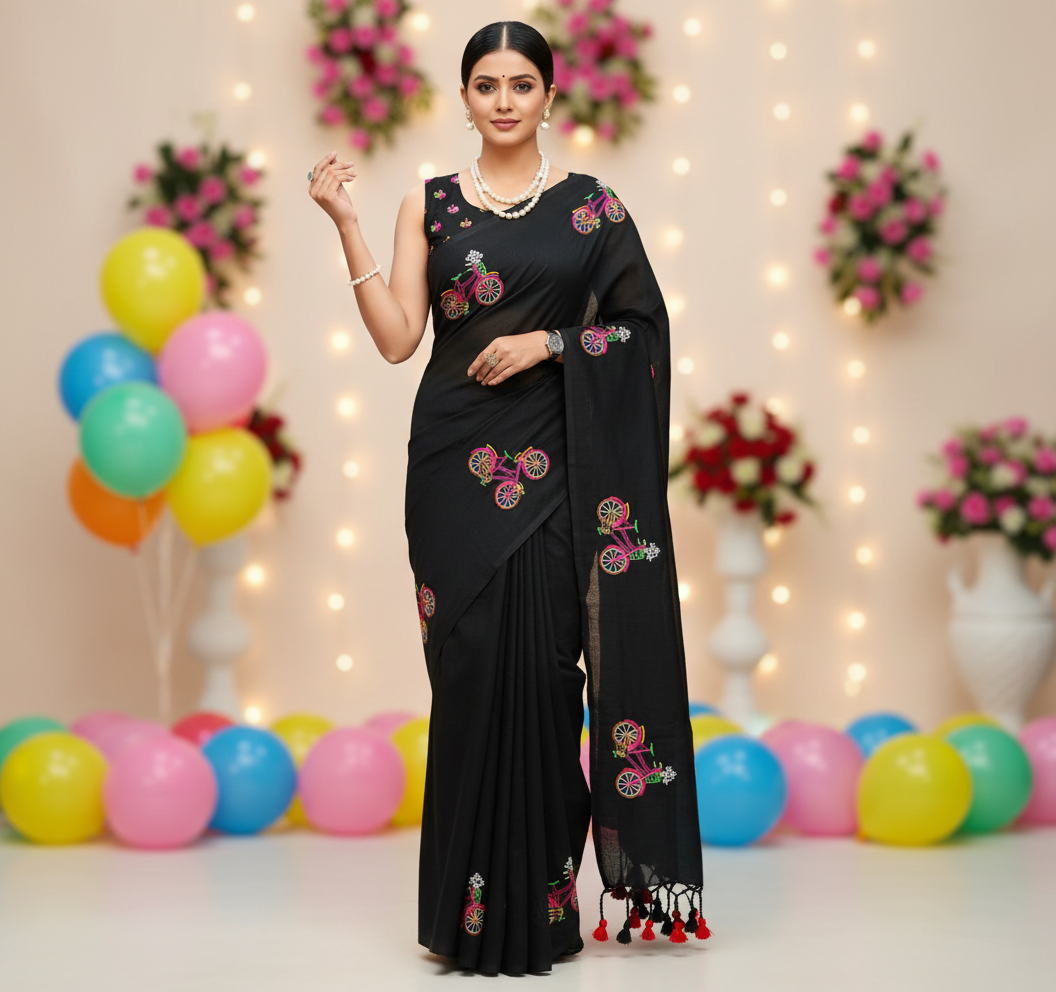 Woman in a black saree with floral patterns standing in front of colorful balloons and floral decorations.