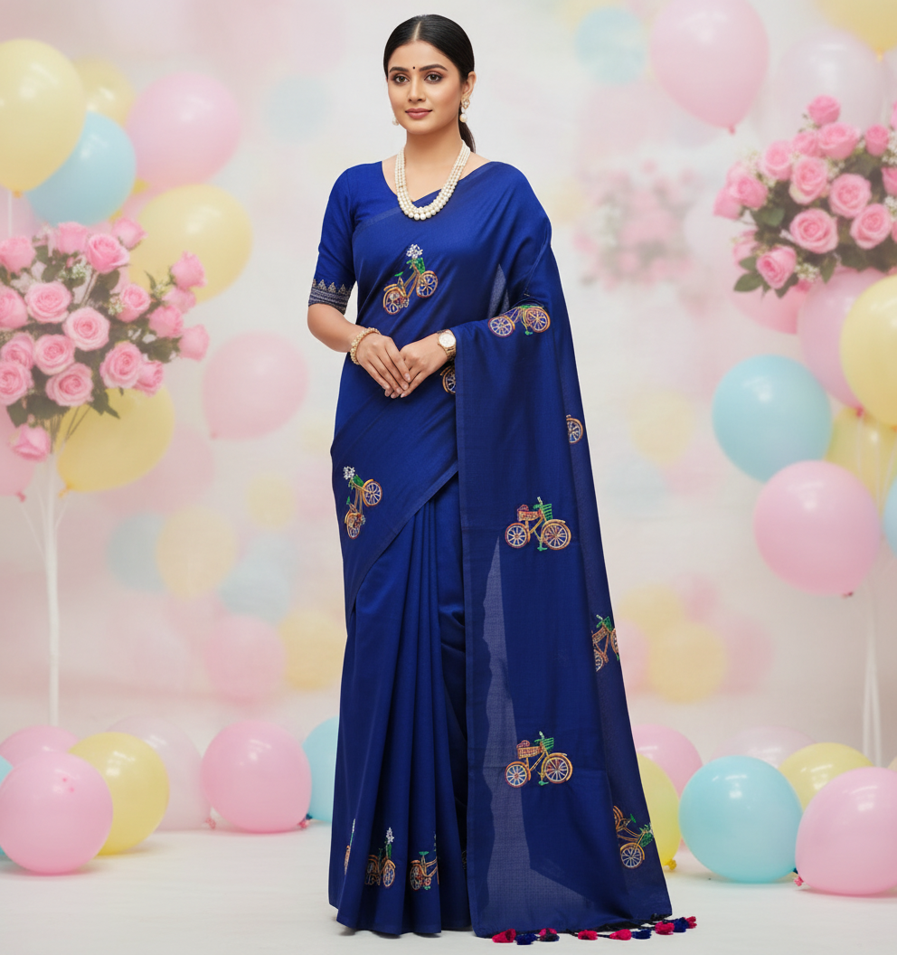 Woman in a blue saree with floral patterns against a colorful balloon and flower backdrop
