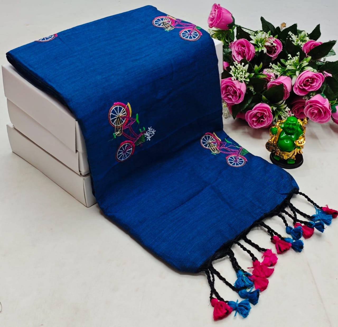 Pure Khadi Handloom Cotton Saree with Embroidery Work and Running Blouse – Blue