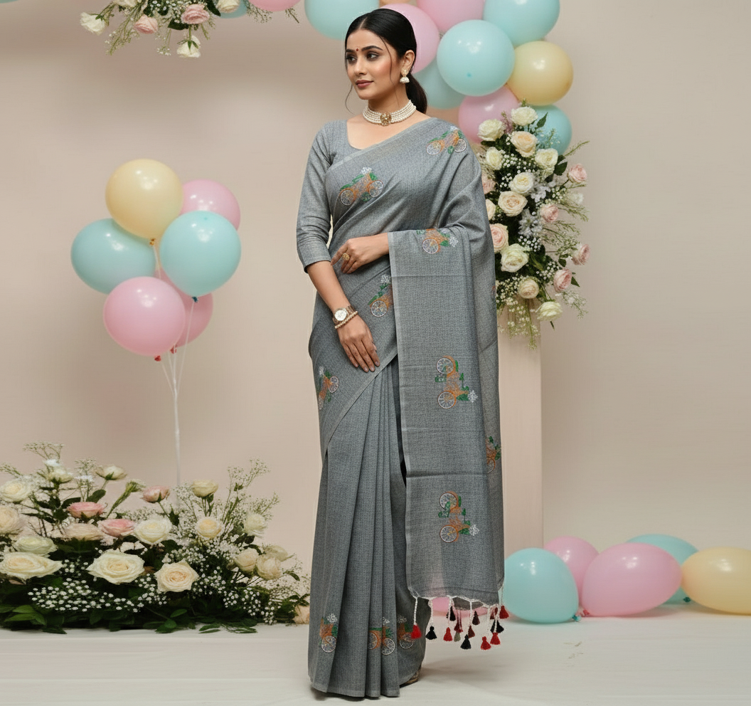 Woman in a gray saree with floral decorations and balloons in the background