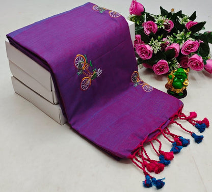 Pure Khadi Handloom Cotton Saree with Embroidery Work and Running Blouse –Lavender