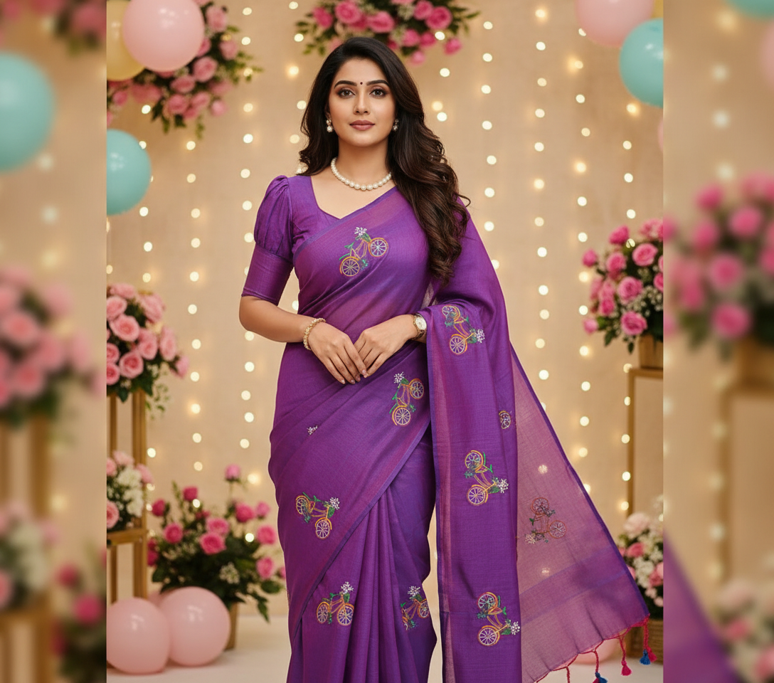 Woman wearing a purple saree with floral patterns in a decorated setting with balloons and flowers.