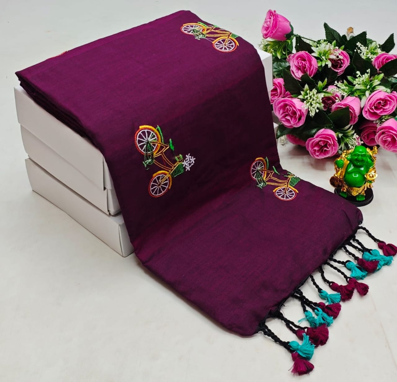 Pure Khadi Handloom Cotton Saree with Embroidery Work and Running Blouse – Purple