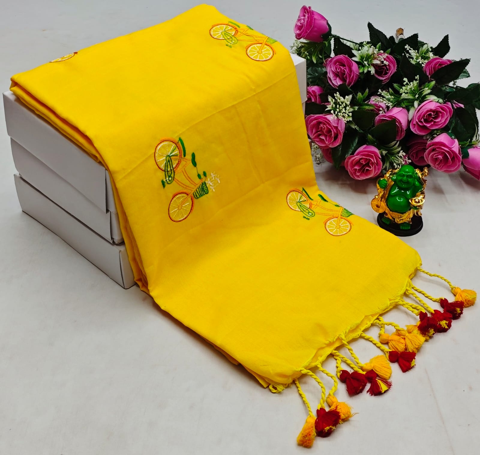 Pure Khadi Handloom Cotton Saree with Embroidery Work and Running Blouse – Yellow