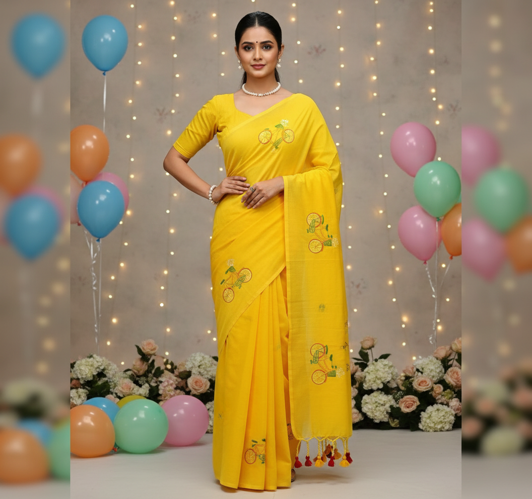Pure Khadi Handloom Cotton Saree with Embroidery Work and Running Blouse – Yellow