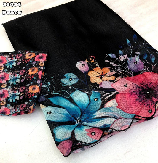 Soft Kota Chex Saree with Floral Digital Print and Embroidery Foil Mirror Border – Rafia Fashions-black