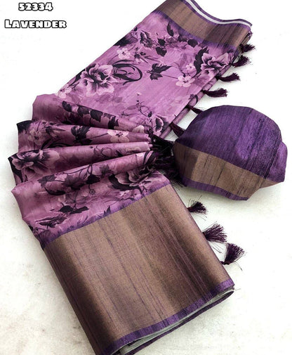 Handloom Tussar Silk Saree with Floral Digital Print & 9 Inch Zari Border-52334