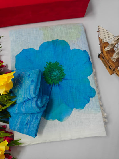 Linen Cotton Saree with Blue Floral Print – Elegant & Breathable