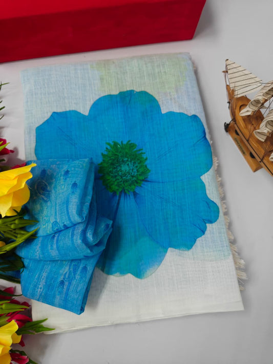 Linen Cotton Saree with Blue Floral Print – Elegant & Breathable