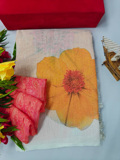 Linen Cotton Saree with Orange Floral Print – Soft & Lightweight