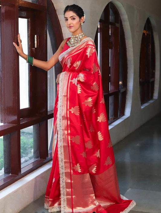 Red Banarasi Katan Soft Silk Saree with Lotus Design and Zari Border-with lace- border