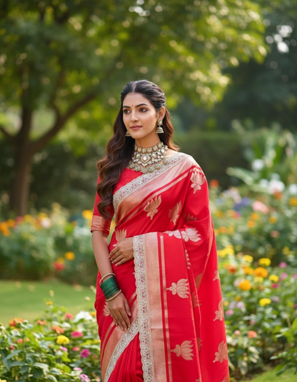 Woman in a red saree with floral patterns standing in a garden with flowers and trees.