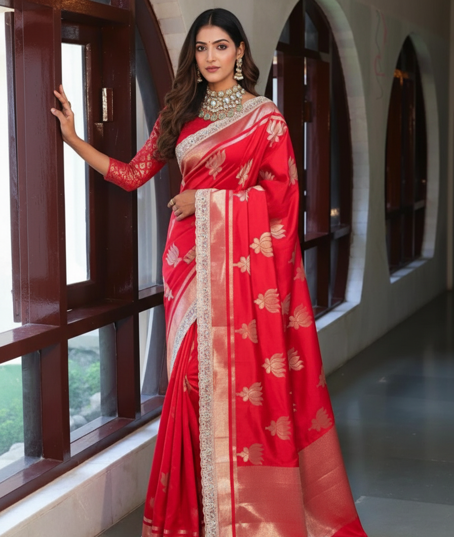 Banarasi Katan Soft Silk Saree – Lotus Design - Red - BANAR-004