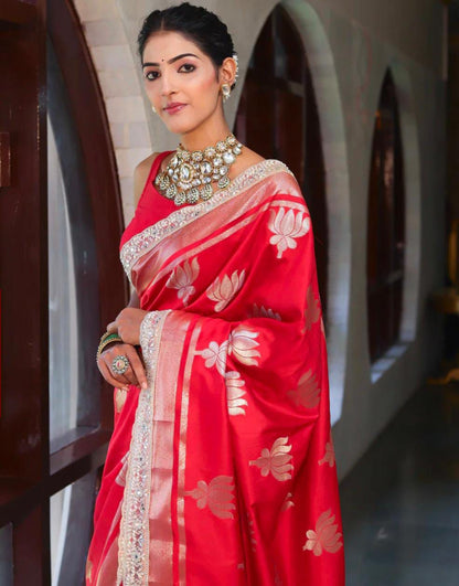 Red Banarasi Katan Soft Silk Saree with Lotus Design and Zari Border-with lace border