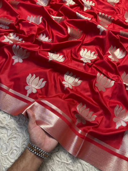 Red Banarasi Katan Soft Silk Saree with Lotus Design and Zari Border