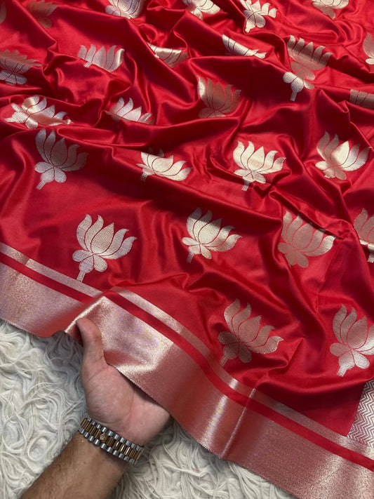 Red Banarasi Katan Soft Silk Saree with Lotus Design and Zari Border