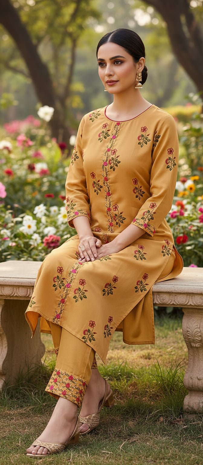 Masturd yellow cotton kurta with pink floral embroidery and matching cotton pant – XXL size, straight cut, readymade women’s kurti set