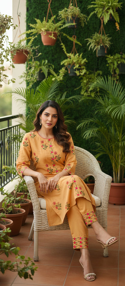 Mango yellow cotton kurta with pink floral embroidery and matching cotton pant – XXL size, straight cut, readymade women’s kurti set