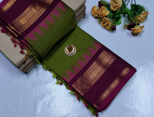 South Indian Paruthi Chettinad Sungudi Cotton Saree – green with maroon