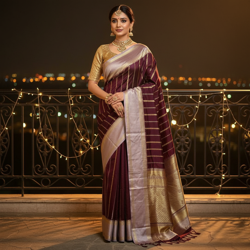 Woman in a traditional saree standing on a balcony with evening city lights in the background-Banarasi Katan Soft Silk Saree with Zari Border and Jacquard Blouse