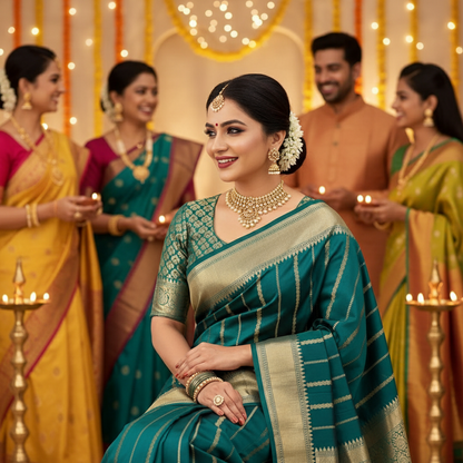 Banarasi Katan Soft Silk Saree with Zari Border and Jacquard Blouse-Woman in a green saree with jewelry, surrounded by people in colorful traditional attire with decorative lights in the background.