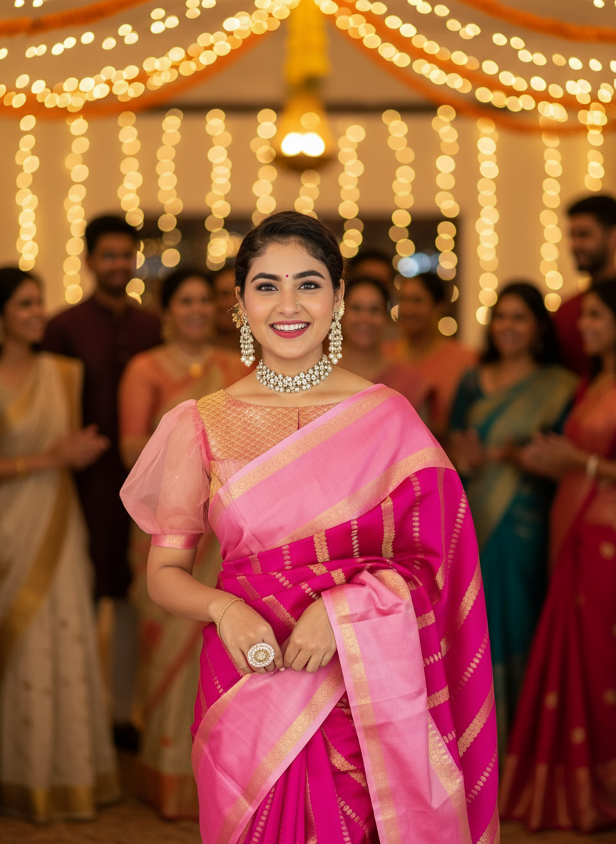 Woman in a pink saree with a festive background-Banarasi Katan Soft Silk Saree with Zari Border and Jacquard Blouse