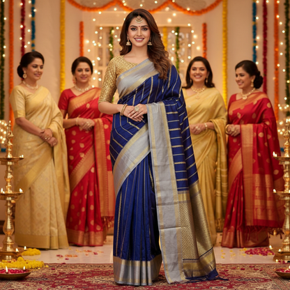 Banarasi Katan Soft Silk Saree with Zari Border and Jacquard Blouse-
Woman in a blue saree with gold border standing in front of other women in colorful sarees.