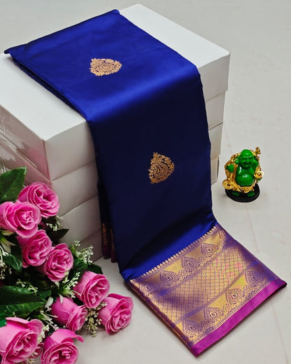 Premium Kanchi Soft Silk Saree with Contrast Border & Pallu –bllue with Gold Border