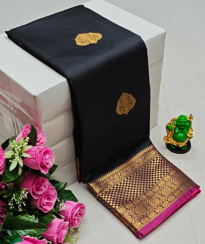 Premium Kanchi Soft Silk Saree with Contrast Border & Pallu – black