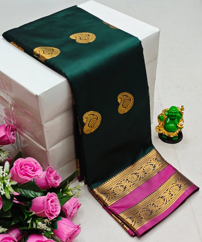 Premium Kanchi Soft Silk Saree with Contrast Border & Pallu – green with Gold Border
