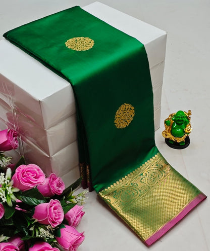 Premium Kanchi Soft Silk Saree with Contrast Border & Pallu – light green with Gold Border