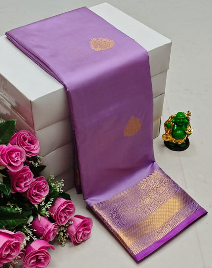 Premium Kanchi Soft Silk Saree with Contrast Border & Pallu – lightpurple- with Gold Border