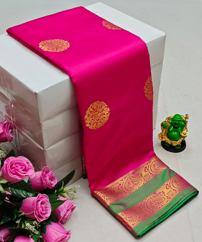 Premium Kanchi Soft Silk Saree with Contrast Border & Pallu – pinkish Red with Gold Border