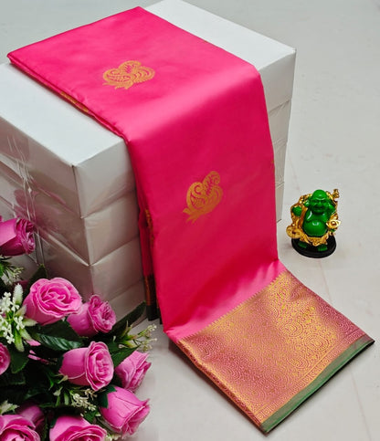 Premium Kanchi Soft Silk Saree with Contrast Border & Pallu – Rose-with Gold Border