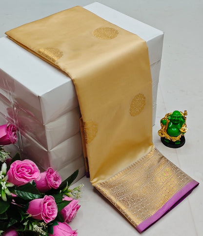 Premium Kanchi Soft Silk Saree with Contrast Border & Pallu – Sandle with Gold Border