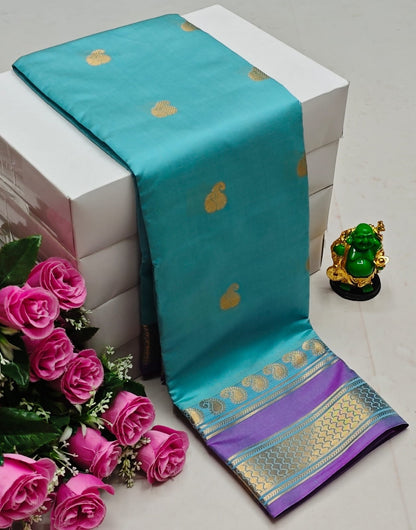 Premium Kanchi Soft Silk Saree with Contrast Border & Pallu – skyblu with Gold Border
