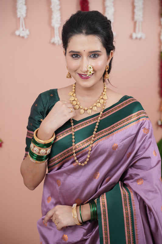 Premium Soft Silk Saree with Narayan Border-Onion-green border