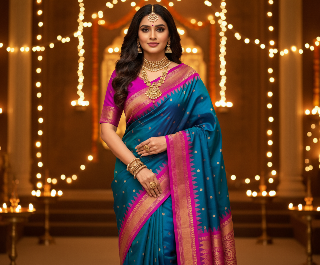 Premium Soft Silk Saree in Red with Narayanpeth Border – Roshni Vol-1-seablue-model
