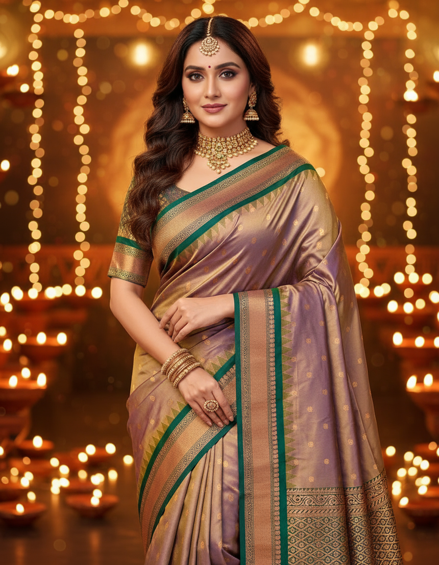 Premium Soft Silk Saree in Red with Narayanpeth Border – Roshni Vol-1-greenish gold-pallu-model