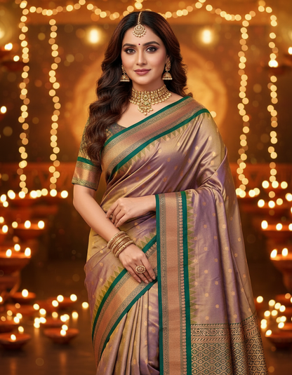 Premium Soft Silk Saree in Red with Narayanpeth Border – Roshni Vol-1-greenish gold-pallu-model