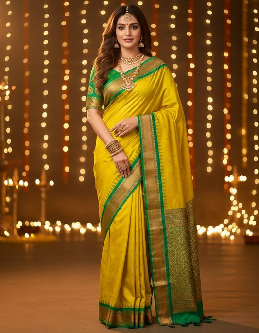 Premium Soft Silk Saree in Red with Narayanpeth Border – Roshni Vol-1-yellow-pista