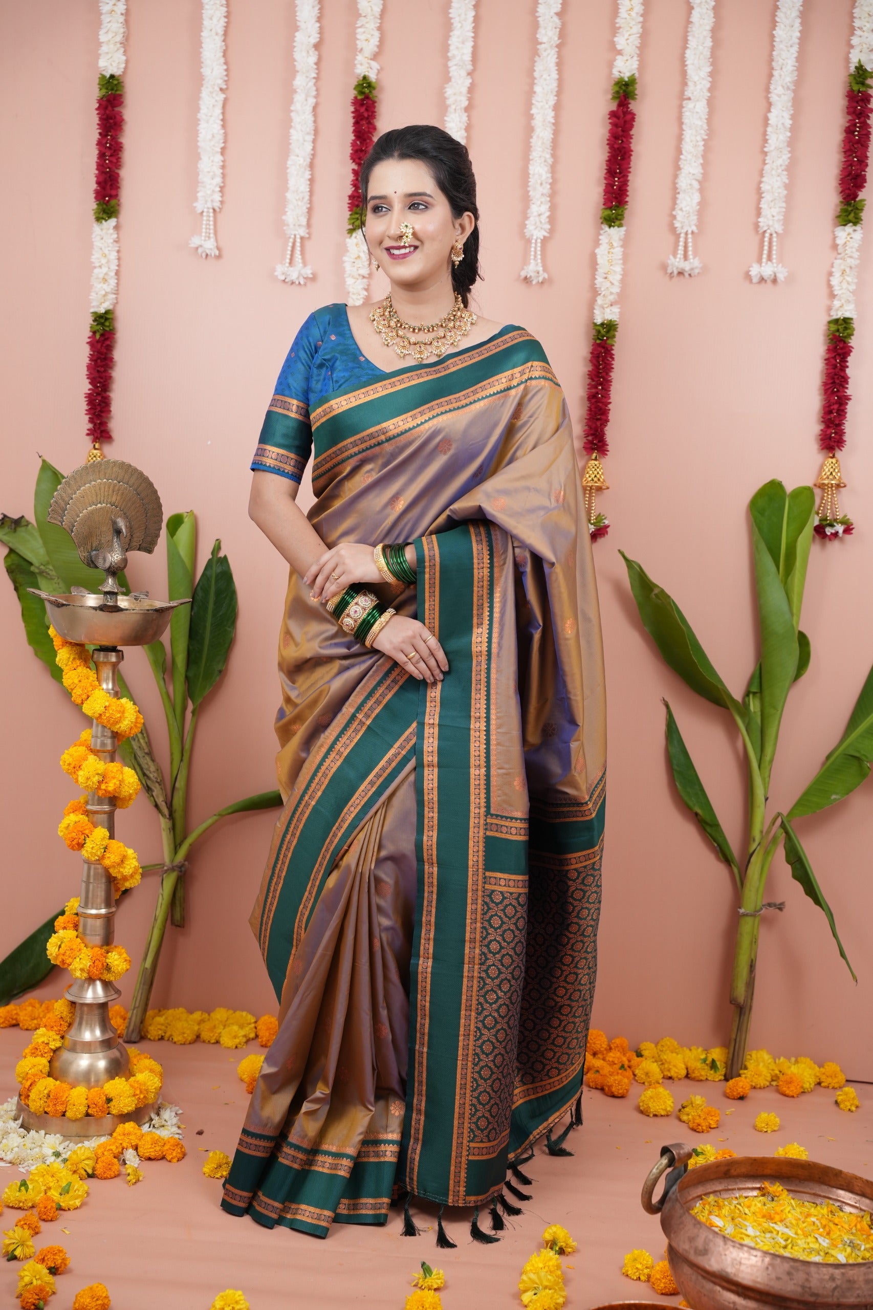 Premium Soft Silk Saree with Narayan Border-golden green