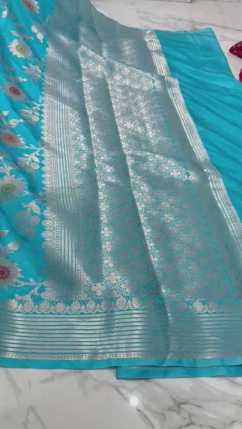 Banarasi Katan Dyeble Dupion Meenakari Jaal Silk Saree with Dual Zari Weaves-sky-pallu