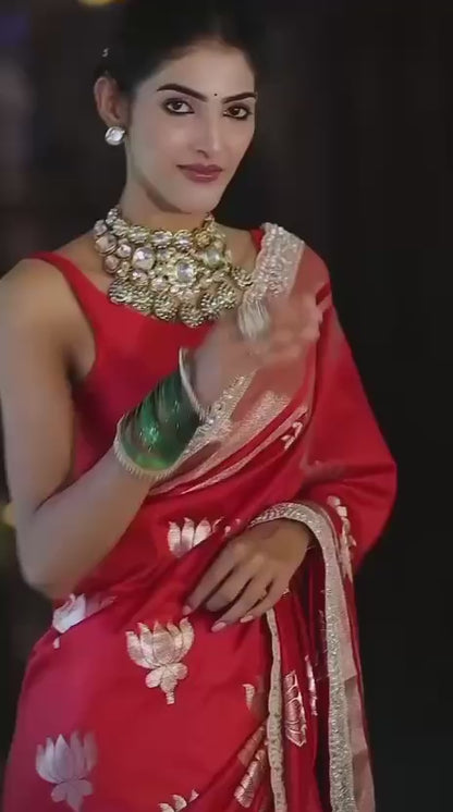 Red Banarasi Katan Soft Silk Saree with Lotus Design - Zari Border-with lace border