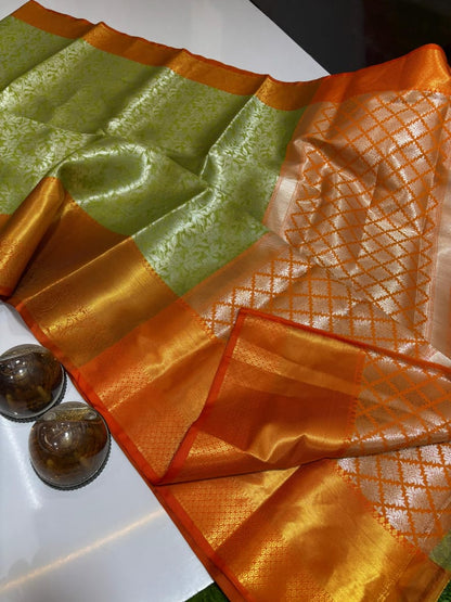 Pure Banarasi soft Katan silk saree in Green with Orange border-pallu and zari weaving floral jaal design
