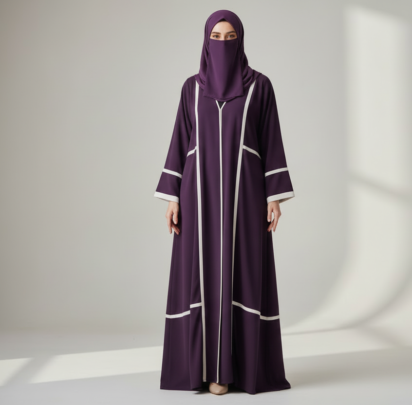 Purple panel style abaya with white stripe design and matching shawl nose piece