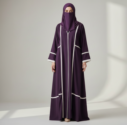 Purple panel style abaya with white stripe design and matching shawl nose piece