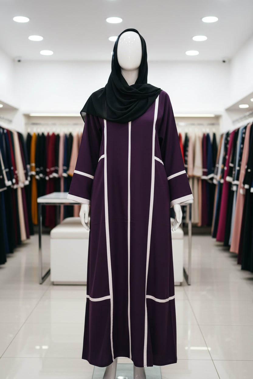 Purple panel style stripes abaya with white stripe design and matching shawl