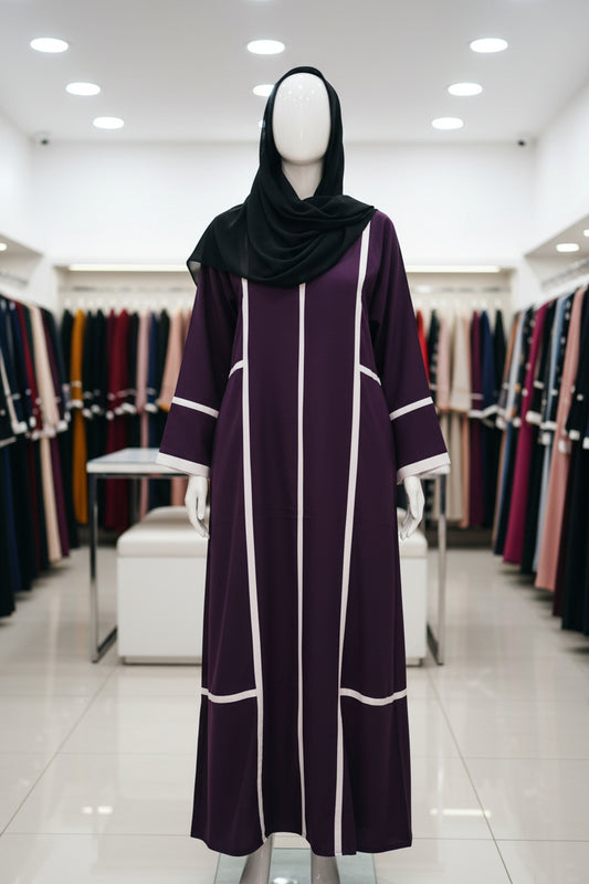 Purple panel style stripes abaya with white stripe design and matching shawl