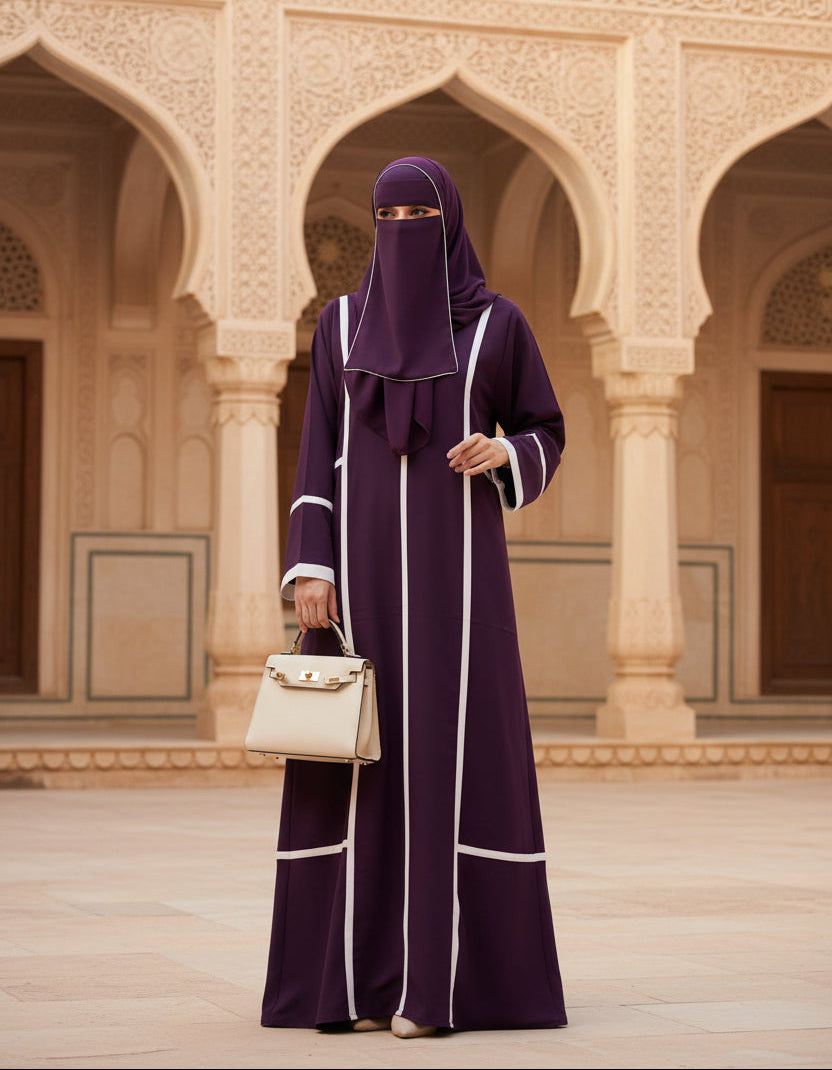 Purple panell style abaya with white stripe design and matching shawl